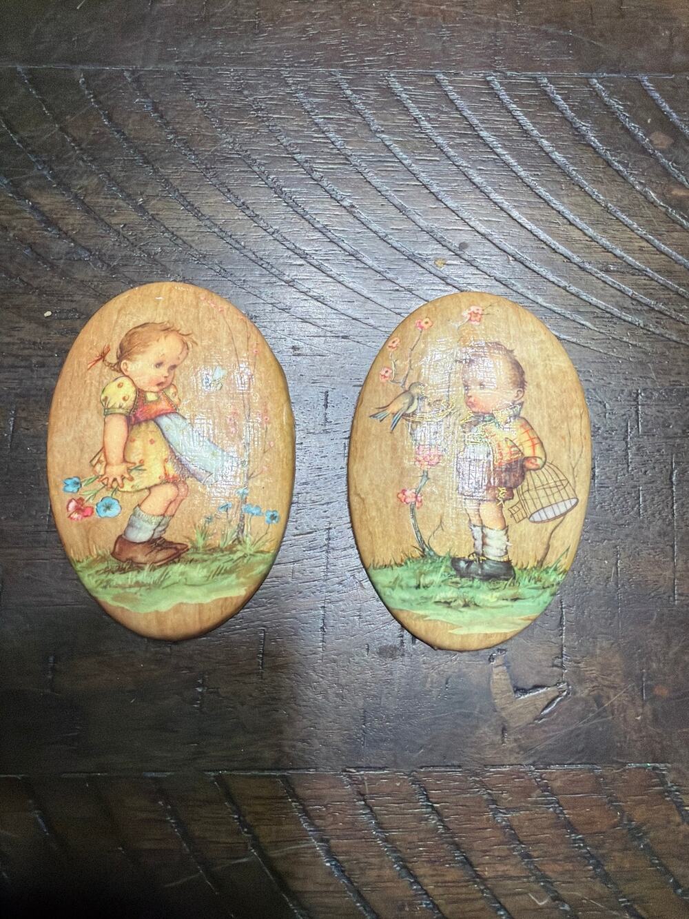 Vintage Hummel Style Children Oval Wood Decoupage Wall Plaques Boy Girl Set 2